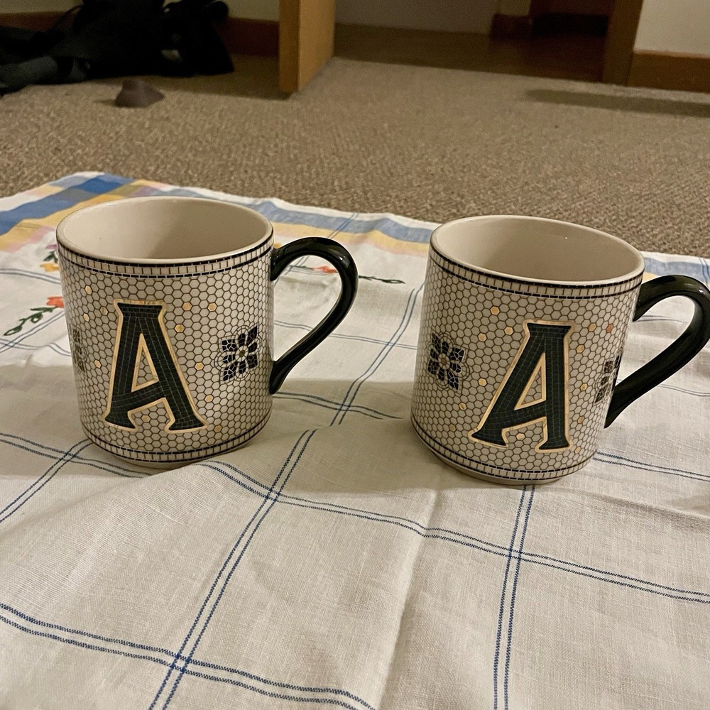Anthropologie Margot Mosaic Tile Gold Black Coffee Initial "A" Mug Set of 2